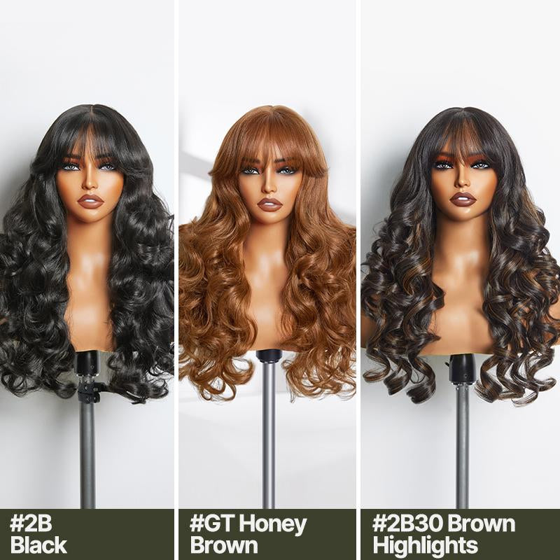 [Blend] Frodio Veralux™ Blend Human Hair Glueless Straight Layered Cut/Wavy Wig with Bangs Curtain Bang Wig with Realistic Scalp Tiktokshopblackfriday