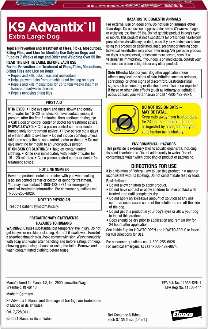 K9 Advantix II Flea & Tick Treatment for Extra Large Dogs (Over 55 lbs) — 6 Doses