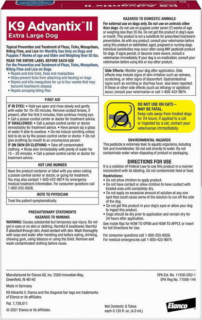 K9 Advantix II Flea & Tick Treatment for Extra Large Dogs (Over 55 lbs) — 6 Doses