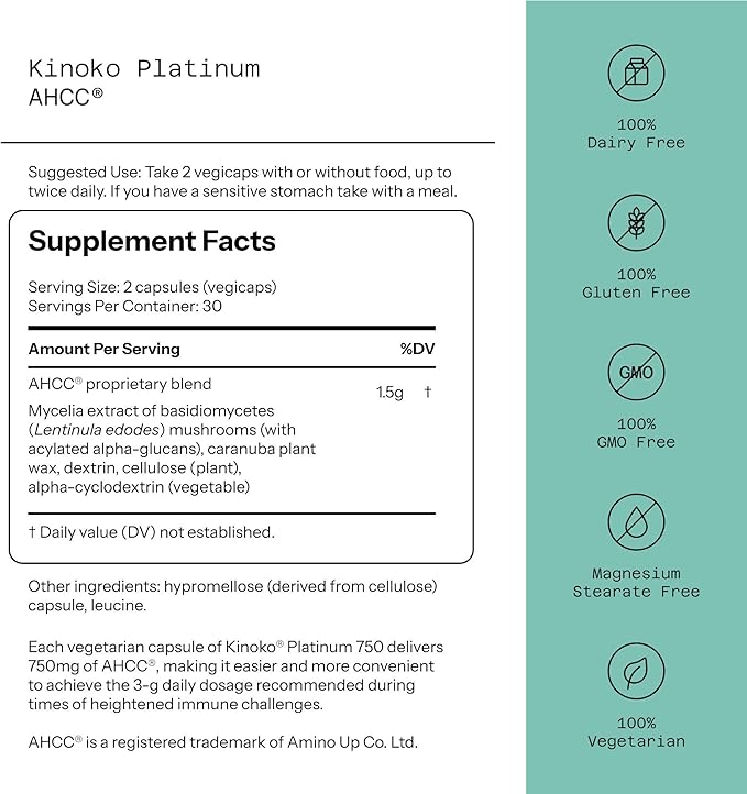 Kinoko Platinum AHCC 750 mg — Premium Immune Support (60 Veggie Capsules)