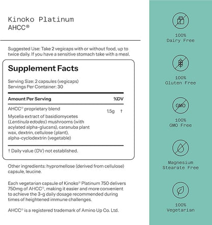 Kinoko Platinum AHCC 750 mg — Premium Immune Support (60 Veggie Capsules)