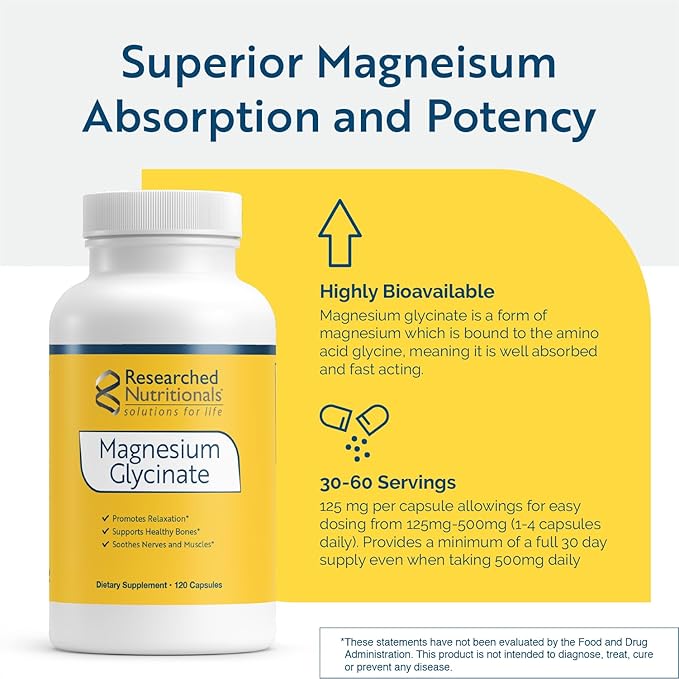 Researched Nutritionals Magnesium Glycinate — 125 mg High Absorption (120 Vegan Capsules)