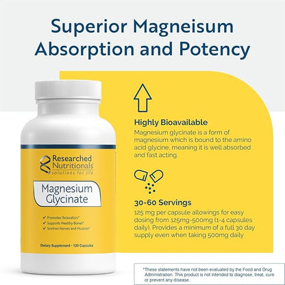 Researched Nutritionals Magnesium Glycinate — 125 mg High Absorption (120 Vegan Capsules)