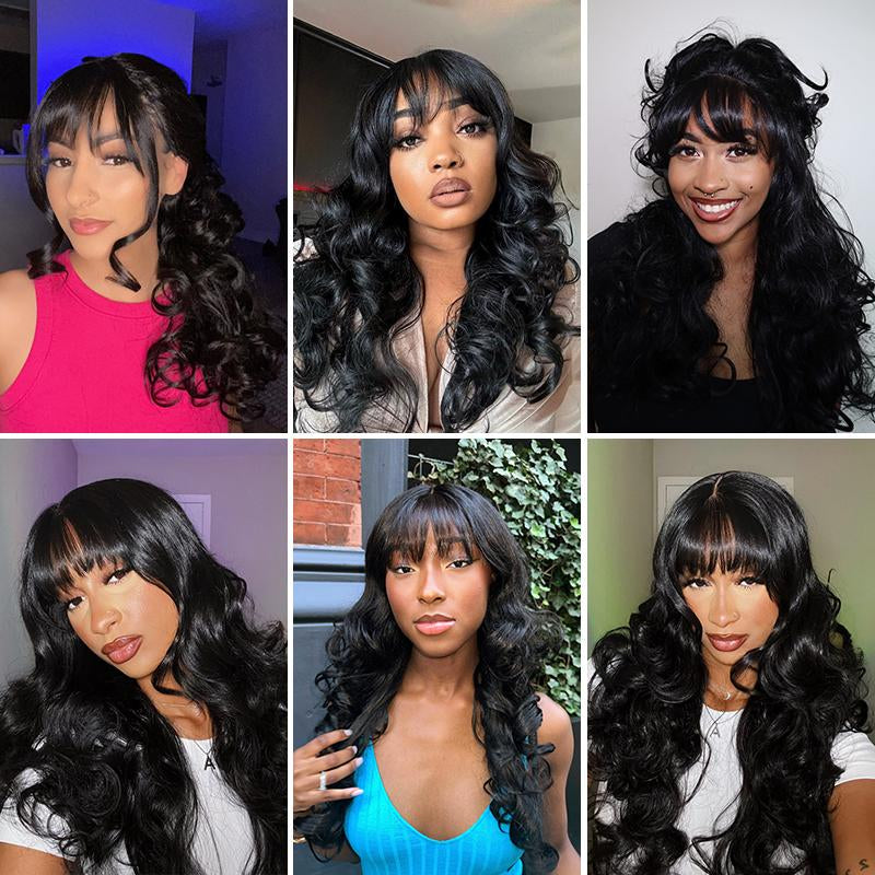 [Blend] Frodio Veralux™ Blend Human Hair Glueless Straight Layered Cut/Wavy Wig with Bangs Curtain Bang Wig with Realistic Scalp Tiktokshopblackfriday