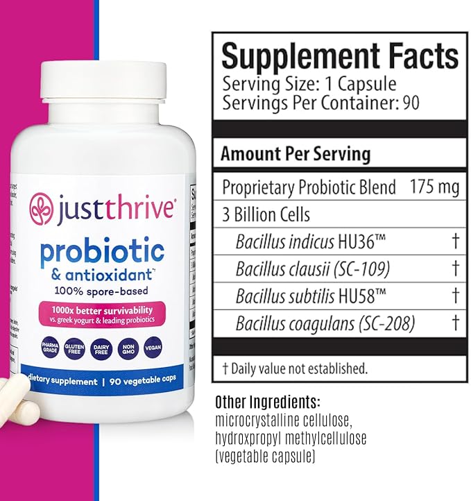 Just Thrive Probiotic & Antioxidant — Spore-Based Formula (90 Veggie Capsules)