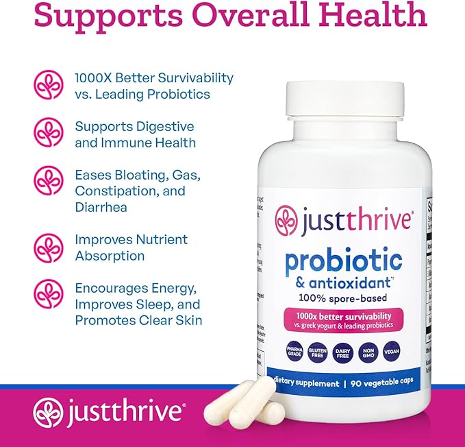 Just Thrive Probiotic & Antioxidant — Spore-Based Formula (90 Veggie Capsules)