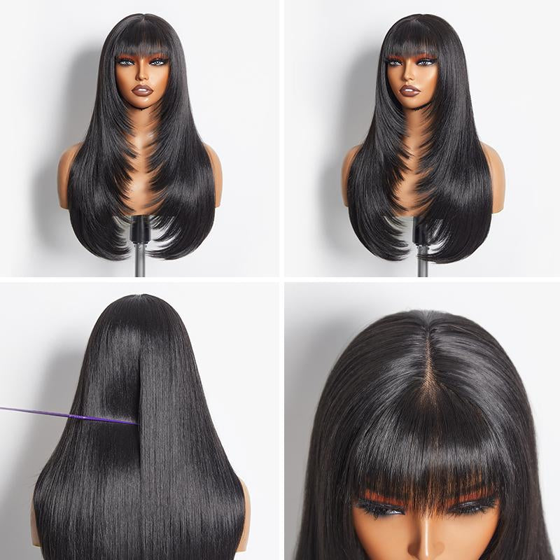 [Blend] Frodio Veralux™ Blend Human Hair Glueless Straight Layered Cut/Wavy Wig with Bangs Curtain Bang Wig with Realistic Scalp Tiktokshopblackfriday