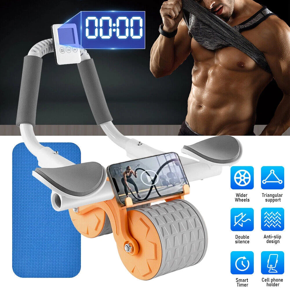 Automatic Rebound Dual-Wheel Ab Roller with LCD Display & Elbow Supports