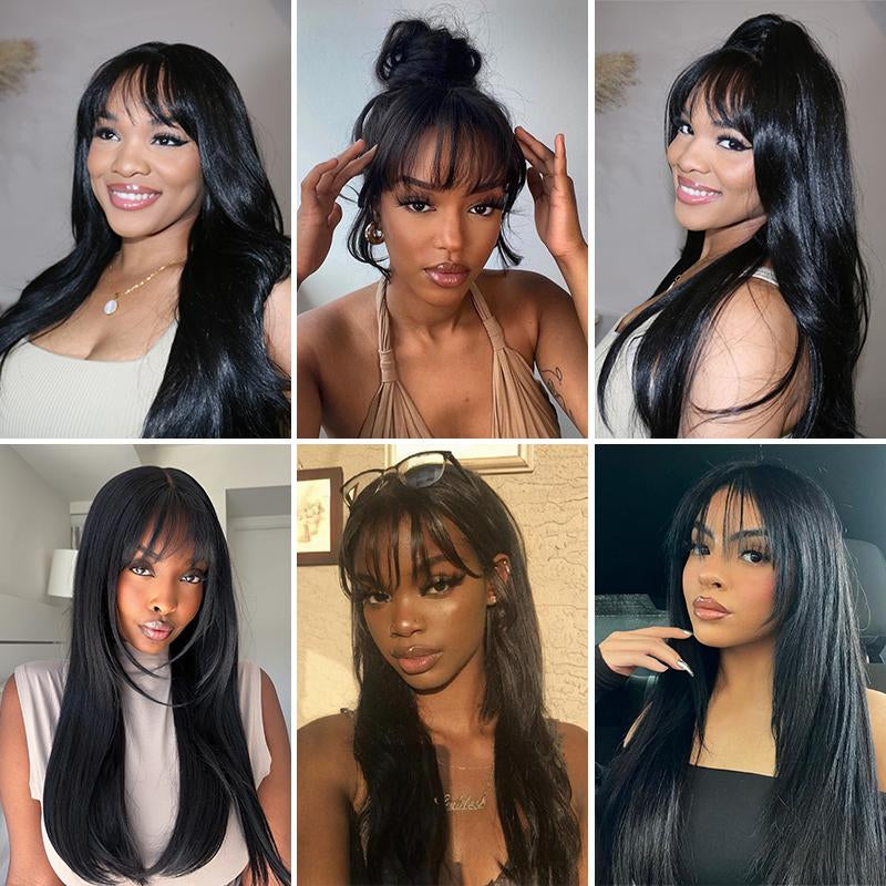 [Blend] Frodio Veralux™ Blend Human Hair Glueless Straight Layered Cut/Wavy Wig with Bangs Curtain Bang Wig with Realistic Scalp Tiktokshopblackfriday