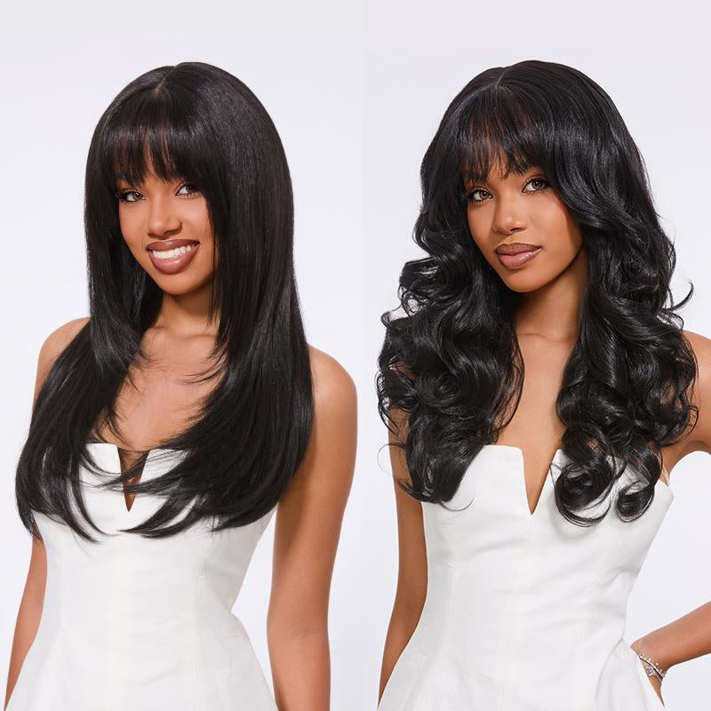 [Blend] Frodio Veralux™ Blend Human Hair Glueless Straight Layered Cut/Wavy Wig with Bangs Curtain Bang Wig with Realistic Scalp Tiktokshopblackfriday